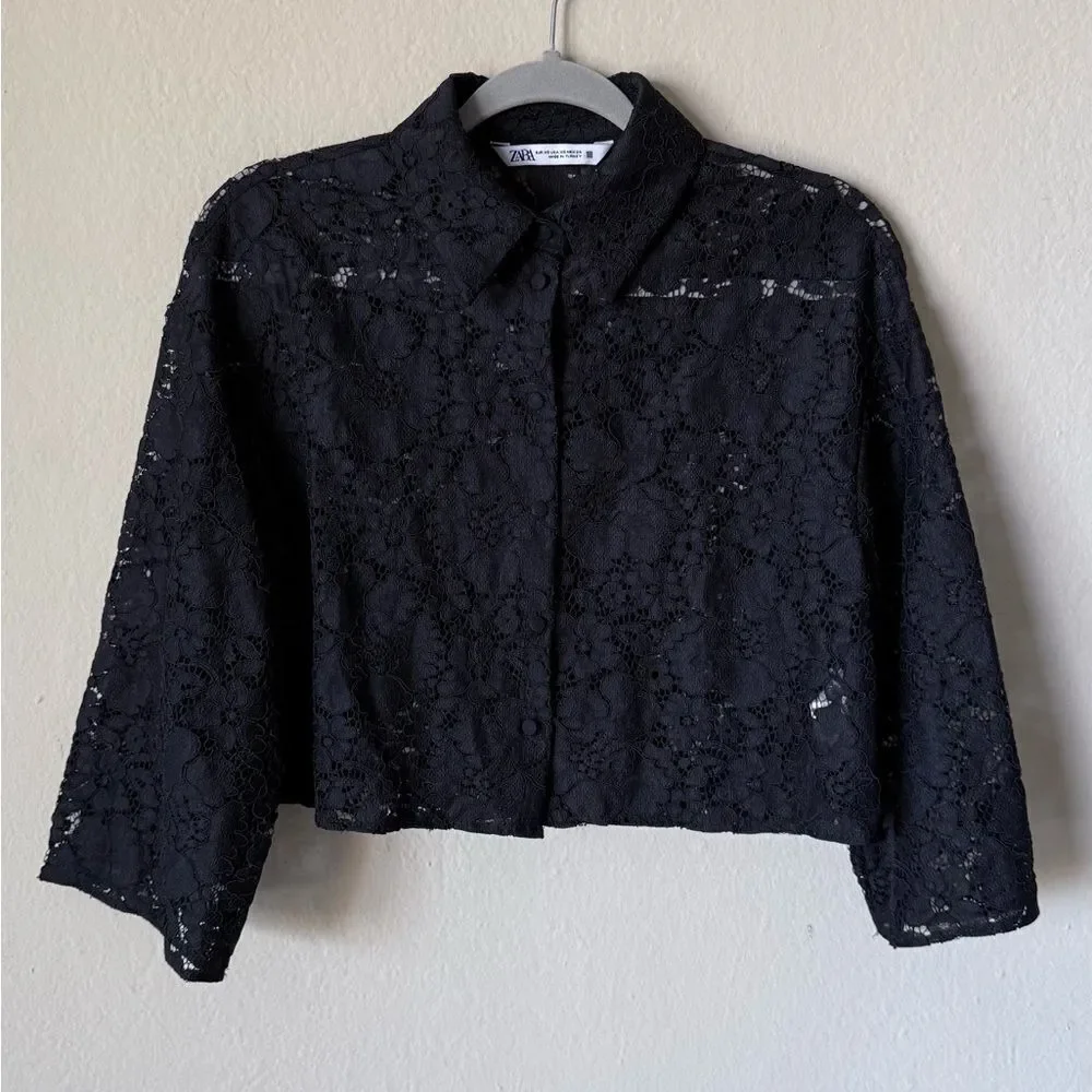Zara Sheer Lace Black Crop Top Size XS